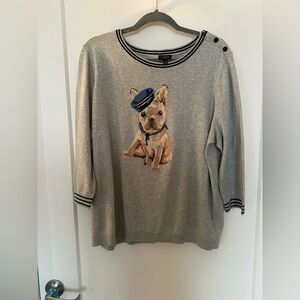NWOT Talbots PETITE 2XL Gray Sweater with French Bulldog Design great condition